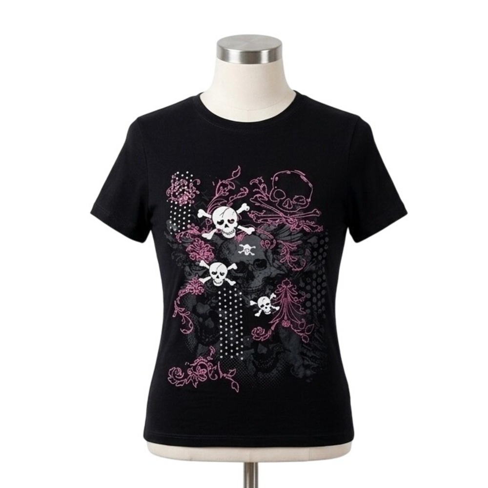Y2K Skull Graphic Tee Pink Floral Polka Dot Black Short Sleeve Shirt Small